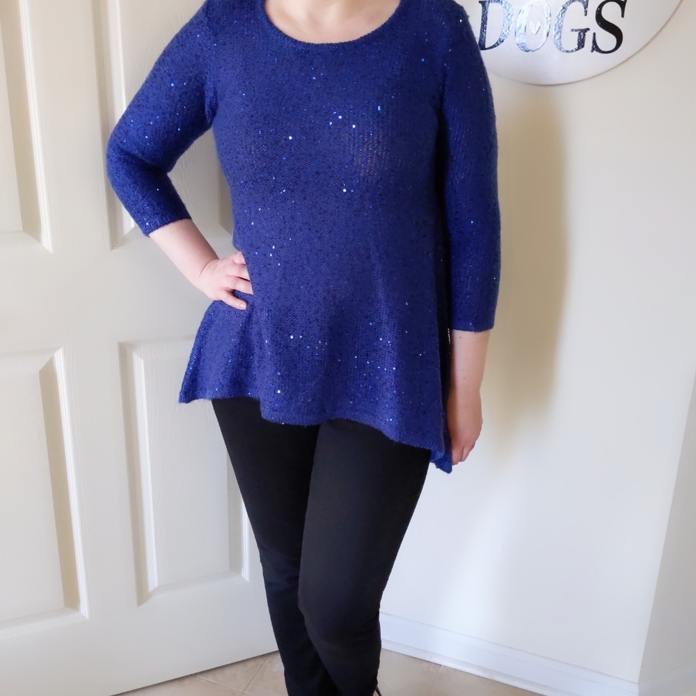 Anne Klein Blue Sequined Sweater Tunic Small